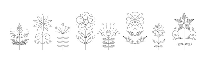 Set of various symmetric flower design elements. Monochrome black and white line art vector illustration. Folk style. Suitable for textile, wrapping paper and different types of design.