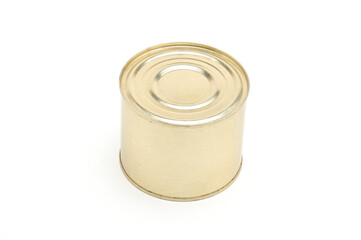 Metal tin can with meat on a white background