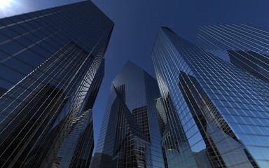 Plakat modern high-rise buildings against the sky. 3d illustration on the theme of business success and technology