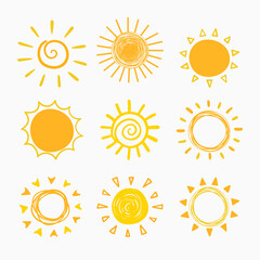 simple isolated childish hand drawn lines, doodle of yellow, orange ray or burst of sun for banner, background, wallpaper, cover etc. vector design.