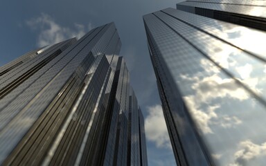 modern high-rise buildings against the sky. 3d illustration on the theme of business success and technology