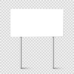 Blank board with place for text, protest sign isolated on transparent background. Realistic demonstration or advertising banner. Strike action cardboard placard mockup. Vector illustration.