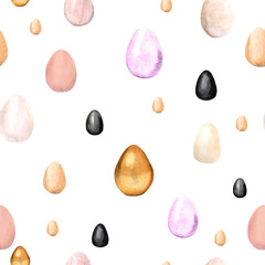 Seamless pattern watercolor golden eggs on white background