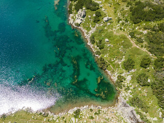 Aerial view of Fish Banderitsa lake, Pirin Mountain, Bulgaria