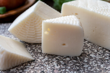 Fototapeta na wymiar Cheese collection, white Italian sheep cheese pecorino primo sale from Sicily island