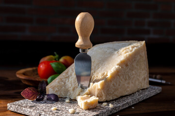 Cheese collection, hard yellow Italian cheese parmesan or parmigiano reggiano
