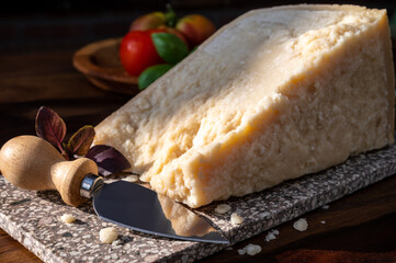Cheese collection, hard yellow Italian cheese parmesan or parmigiano reggiano