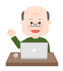 Elderly man having a video call on laptop. Vector illustration isolated on white background.