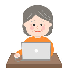 Elderly woman using a laptop computer. Vector illustration isolated on white background.