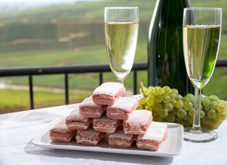 Symbols of Reims rose biscuits and champagne traditional sparkling wine and view on green vineyards...