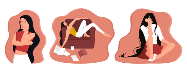 Vector cartoon illustration with set of young women in different emotional states. Concept fatigue, burnout, frustration, shame, discouragement, irritation, embarrassment, thoughtfulness, reflection.