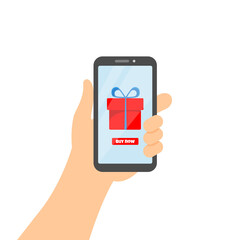 Phone in hand, red gift on sreen of smartphone. Online shopping. Choice of gift for holiday, buy now. Vector illustration isolated on white. Flat cartoon style