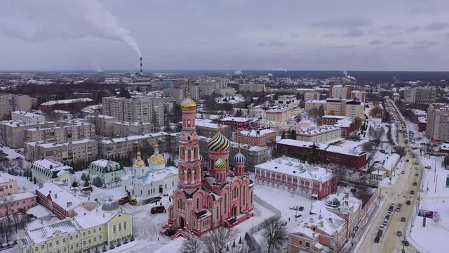 Aerial view of the Cathedral of the Ascension of the Lord in the city of Tambov. Russia