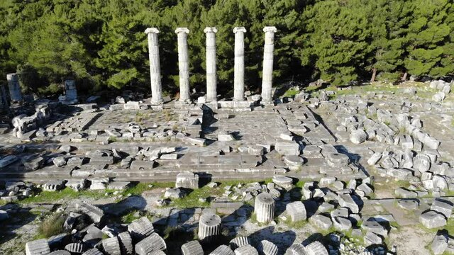 Aerial drone view of Temple of Athena Polias in the Ancient Priene, Aydin Province, Turkey