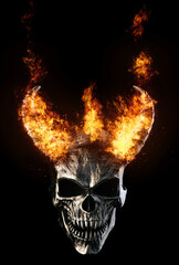 Metal demon skull with horns on fire