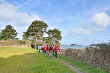 Obraz premium Group of retired hikers on a path in Brittany. France