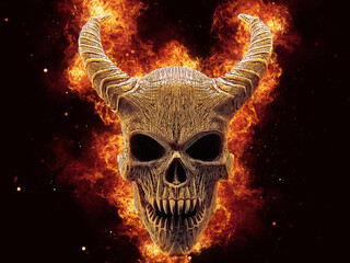 Horned demon skull with huge flames behind it