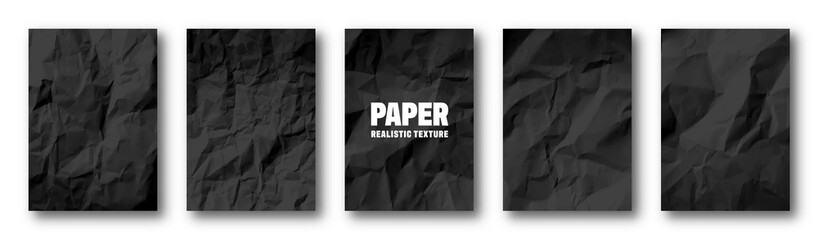 Realistic black crumpled paper texture. Isolated rough grunge old blank. Torn edges. Vector illustration.