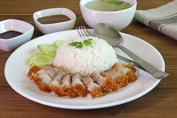 Rice crispy pork (Kao Moo krop) , popular Thai local food for breakfast and lunch