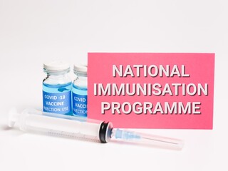 Phrase NATIONAL IMMUNISATION PROGRAMME written on red card with two bottles vaccine and syringe.