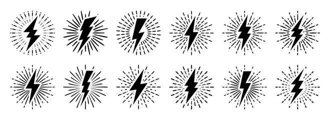 Set of vintage lightning bolts and sun rays isolated on white background. Lightnings with sunburst effect. Thunderbolt, electric shock sign. Vector illustration.