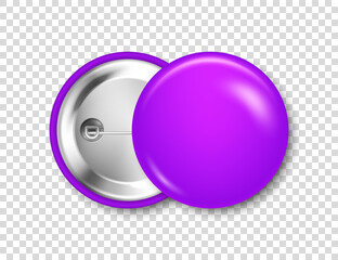 Realistic purple blank badge isolated on transparent background. Glossy 3D round button. Pin badge, brooch mockup for product promotion and advertising. Vector illustration.