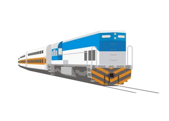 Diesel locomotive pulling double decker passenger train. Simple flat illustration in perspective view.
