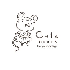 Vector card with  cute cartoon mouse in dress. Doodle animal poster. Funny fashion print. Childrens contour illustration.