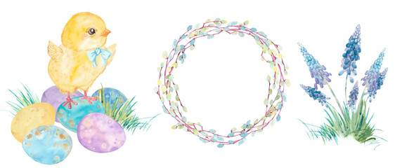 Colored Easter eggs and Cute yellow chicken. Wreath of blooming pussy willow branches. Watercolor Easter clipart set.
