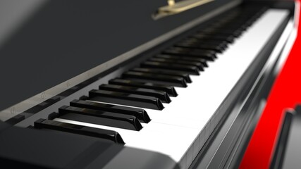 Black-Gold Grand Piano under red background. 3D illustration. 3D high quality rendering. 3D CG.