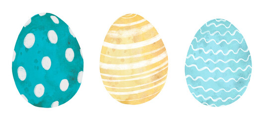 Colored Easter eggs with ornament. Hand-made illustration. Watercolor Easter clipart set.