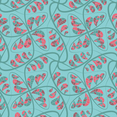 Vintage seamless pattern with hand drawn linear branches and colourful striped leaves on blue background. Vector illustration for wallpaper and fashion fabric.