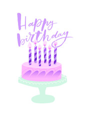 Party illustration with birthday cake. Hand sketched lettering typography. Birthday brush lettering. Ready-to-use design template. Vector illustration.