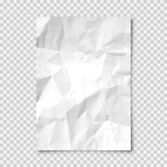 Realistic blank crumpled paper sheet in A4 format on transparent background. Notebook page, document. Design template or mockup. Vector illustration.