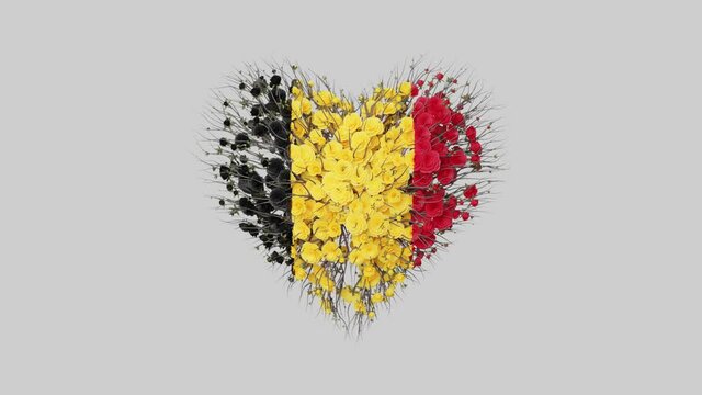 Belgian National Day. Heart animation with alpha matte. Flowers forming heart shape. 3D rendering.