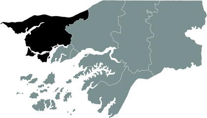 Black highlighted location map of the Bissau-Guinean Cacheu region inside gray map of the Republic of Guinea-Bissau