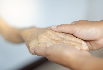 Fototapeta premium Female hand holding with her father for supporting senior old man in her house, while her father is patient and waiting for recover their health.