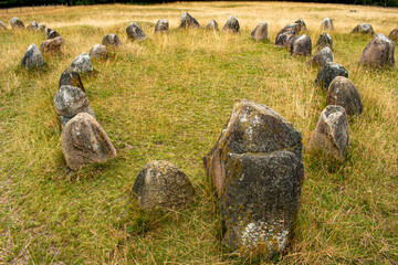 Lindholm Hoje viking graves in circle, an ancient viking burial site place in Jutland, Denmark