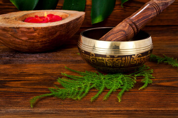 Tibetan singing bowl. Tibetian inscription - mantra 