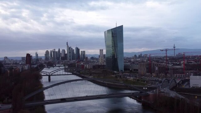 Skyline of Frankfurt and River Main. Amazing drone footage
