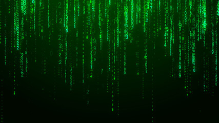 Digital background green matrix. Matrix style program. Stream of Decimal Digits. Computer code.