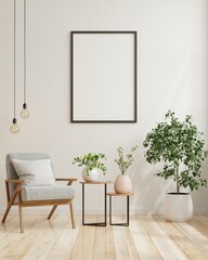 Mock up poster in modern living room interior design with white empty wall.