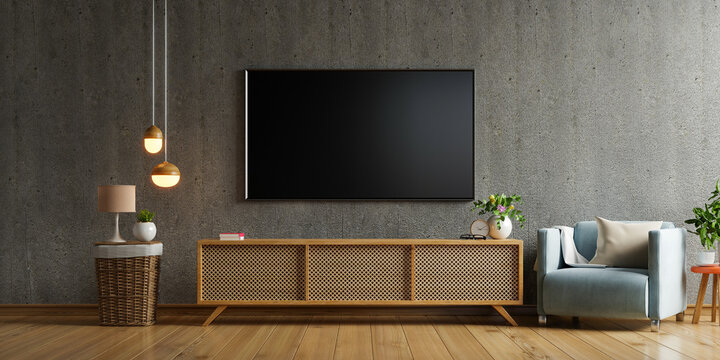 Smart Tv Mockup On Cabinet In Living Room The Concrete Wall.