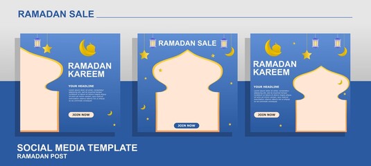 Ramadan sale for banner ad template in blue. Editable vector illustrations and social media posts. Layout designs for marketing on social networks
