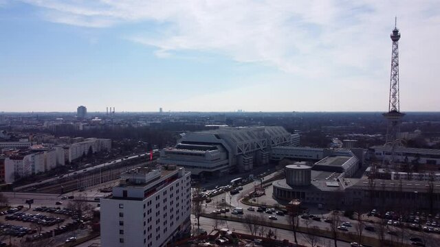 Exhibition grounds and International Conference Center Berlin with radio tower. Amazing drone footage