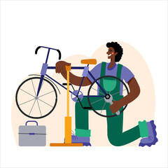 Bicycle repair. A black man repairs a bicycle. The mechanic repairs the bicycle, the mechanic inflates the wheels. Web graphics, banners, advertisements, business templates. 