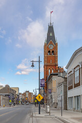 Belleville City Hall clock tower with a Canadian flag