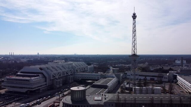 Exhibition grounds and International Conference Center Berlin with radio tower. Amazing drone footage
