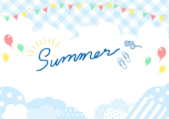 もくもくした雲形フレームとギンガムチェック背景