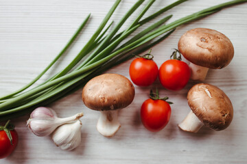 Vegan or vegetarian food, vegetables and mushrooms